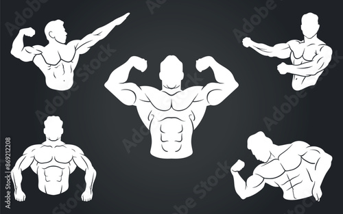 White silhouettes of posing bodybuilders. Vector on a black background