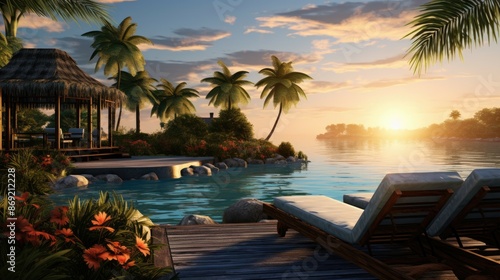 A beautiful sunset over a tropical lagoon. The warm colors of the sky and the lush vegetation create a relaxing and inviting atmosphere. © BozStock