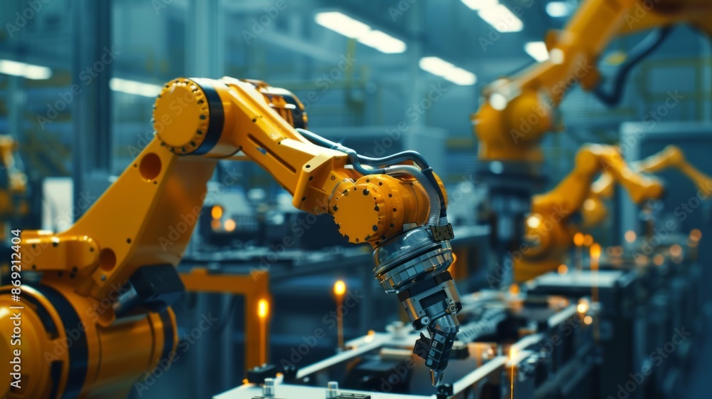 A close-up shot of a robotic arm in a modern factory, meticulously assembling components on a production line. The yellow robotic arm is in focus, with other robotic arms in the background A close-up shot of a robotic arm in a modern factory, meticulously assembling components on a production line. The yellow robotic arm is in focus, with other robotic arms in the background