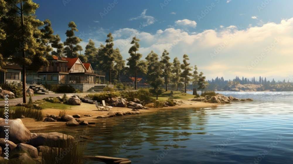 A beautiful lakeside home with a stunning view of the lake and mountains. The home is surrounded by lush trees and has a private beach. A beautiful lakeside home with a stunning view of the lake and mountains. The home is surrounded by lush trees and has a private beach.