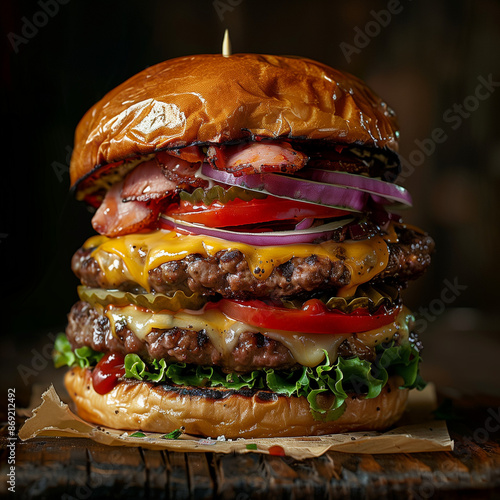 delicious ostrich burger on simple background photo