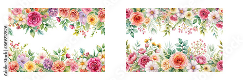 Romantic Watercolor Wedding Flower Border on a Transparent Background. Beautiful Watercolor Wedding Flower Border for invitations.