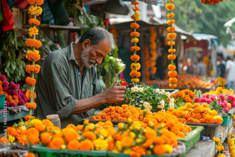 A flower vendor arranging marigold garlands at a vibrant flower market, highlighting the beauty and tradition of floral decorations. A flower vendor arranging marigold garlands at a vibrant flower market, highlighting the beauty and tradition of floral decorations.