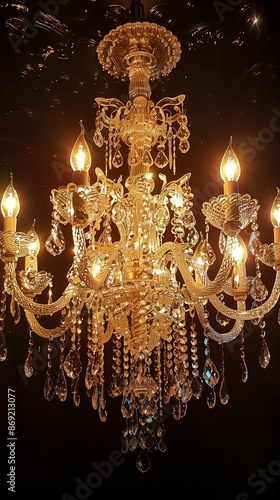 Opulent crystal chandelier with intricate detailing, sparkling in warm ambient lighting.