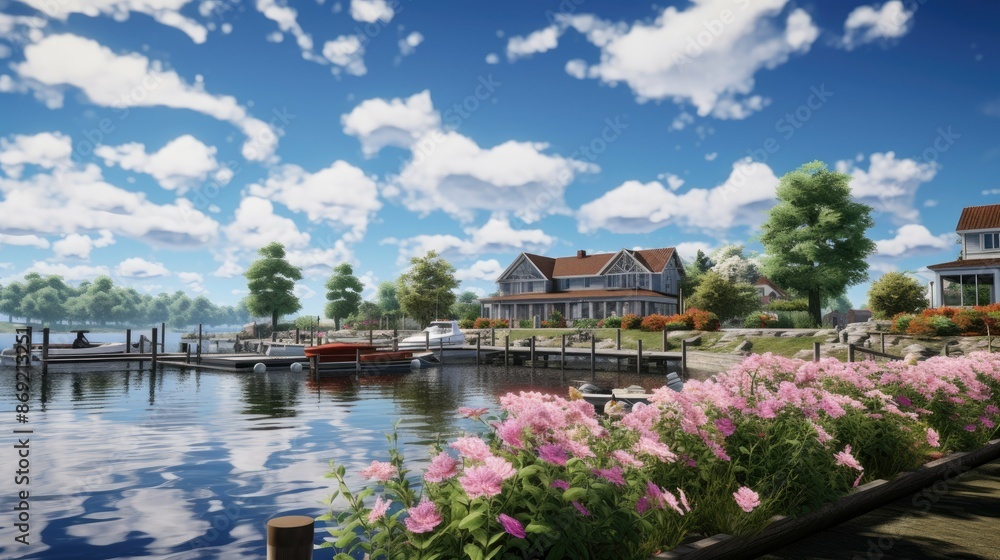 Fototapeta premium This is a beautiful lakeside home with a private dock and lush landscaping.