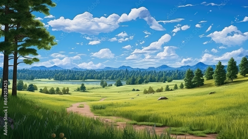 The image is of a beautiful landscape with a large green field, a lake, and mountains in the distance. The sky is blue and there are some clouds. The image is of a beautiful landscape with a large green field, a lake, and mountains in the distance. The sky is blue and there are some clouds.