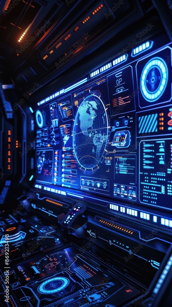 Obraz premium Blue background with futuristic spaceship interface, digital displays, and control panels, scifi theme, highdetail, 3D render