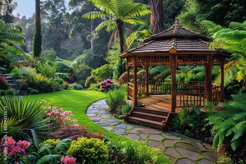 Fototapeta premium Gazebo surrounded by lush greenery in a garden.