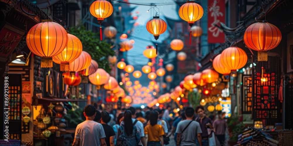 A bustling street lined with glowing lanterns, filled with people enjoying a festive evening in an Asian market. A bustling street lined with glowing lanterns, filled with people enjoying a festive evening in an Asian market.