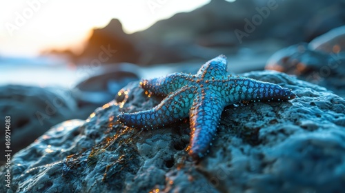 Vibrant blue starfish on rocky shore at sunset photo