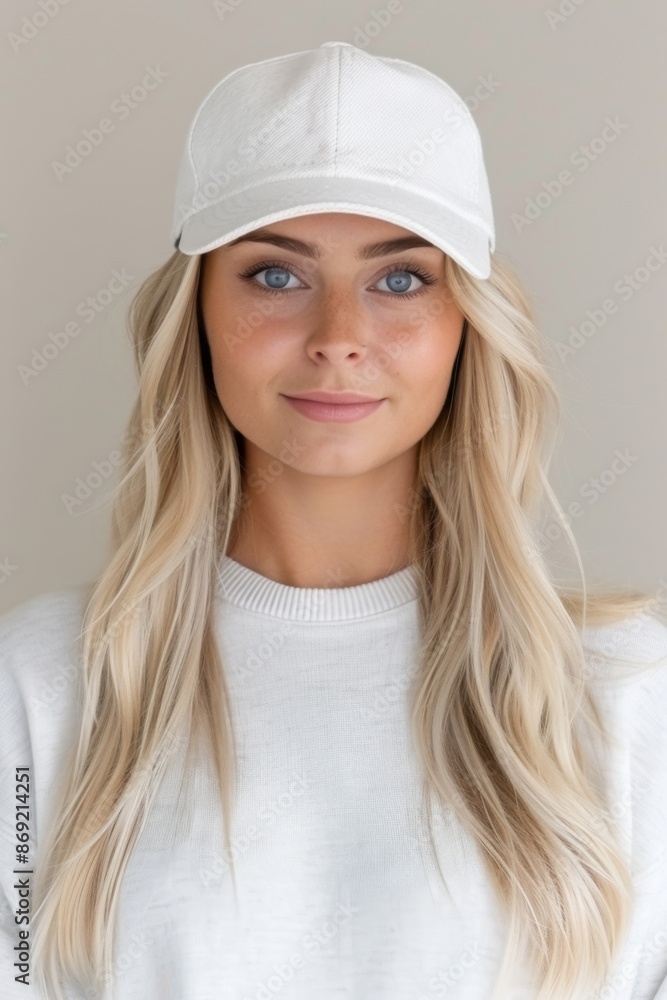 Blond Woman with Blue Eyes Wearing White Baseball Cap and Sweater Blond Woman with Blue Eyes Wearing White Baseball Cap and Sweater