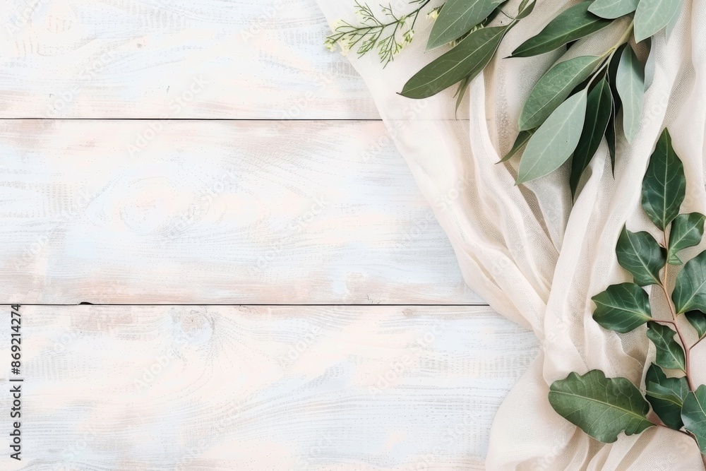 Elegant Green Leaves on Soft Beige Textile against Whitewashed Wood Background Elegant Green Leaves on Soft Beige Textile against Whitewashed Wood Background