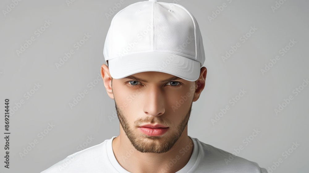Confident Young Man in White Cap with Intense Stare on Grey Background Confident Young Man in White Cap with Intense Stare on Grey Background