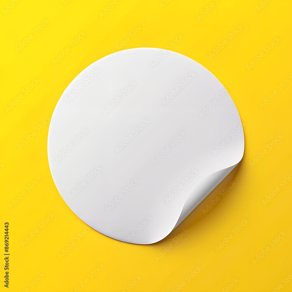 A realistic, round, white paper adhesive sticker mock-up on yellow background A realistic, round, white paper adhesive sticker mock-up on yellow background