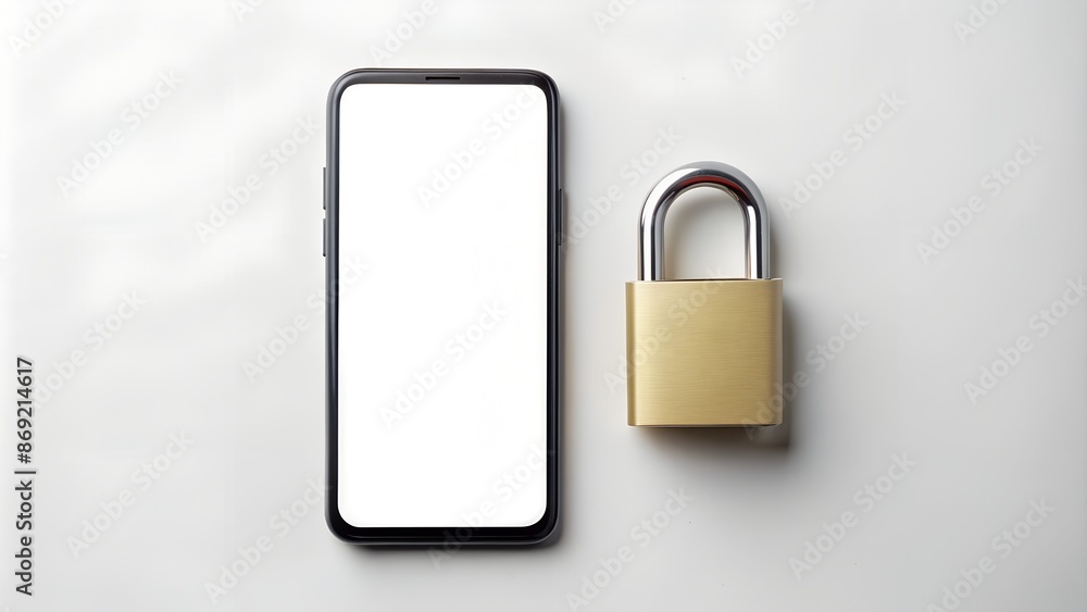 Naklejka premium Lock and smartphone blanks mockup on white background