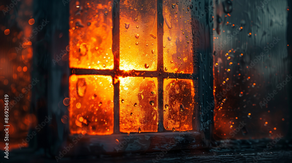 Fototapeta premium Close-up of old window with sunset light