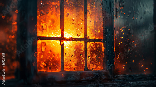 Close-up of old window with sunset light