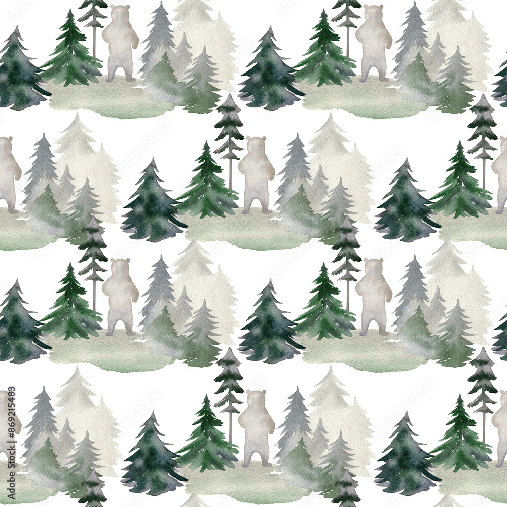 Obraz premium Watercolor seamless pattern with bears and trees for fabric, wrapping paper, etc.