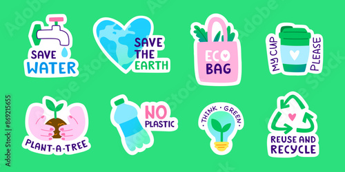 Eco sticker set. Cartoon vector ecology sticker collection. Doodle patch bundle about environmental conservation.
