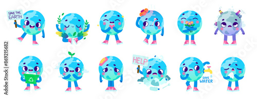 Retro cartoon earth planet set. Vector ecological mascot. Bundle of earth planet with cute face for kids.