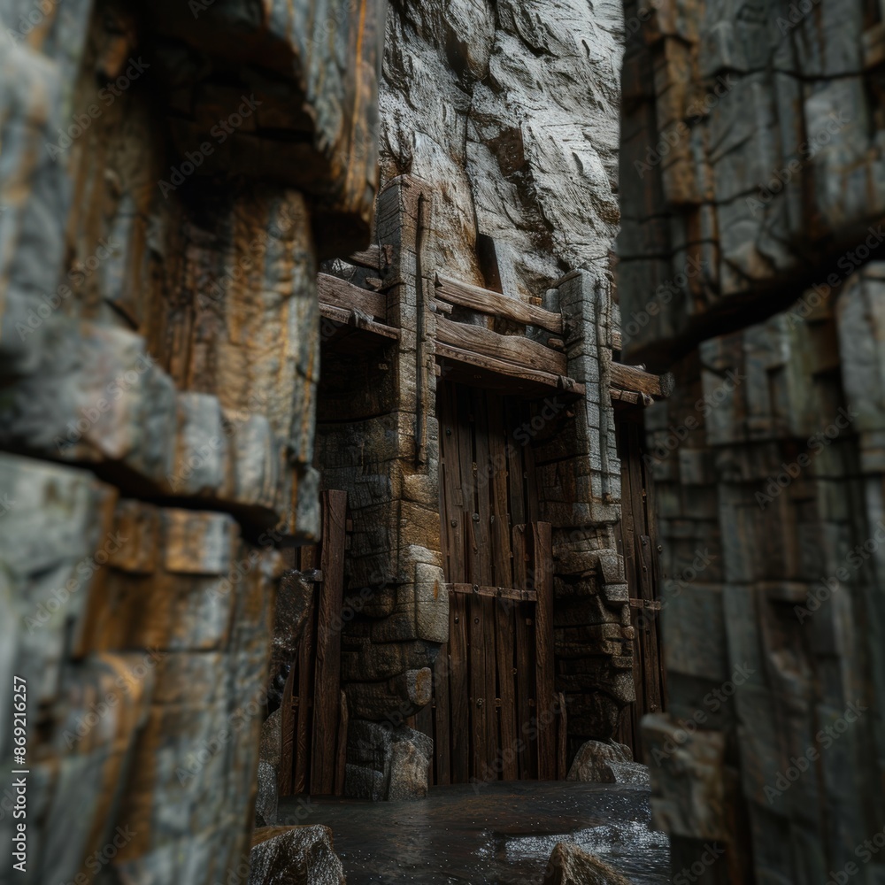 Mysterious wooden door in ancient stone cave Mysterious wooden door in ancient stone cave