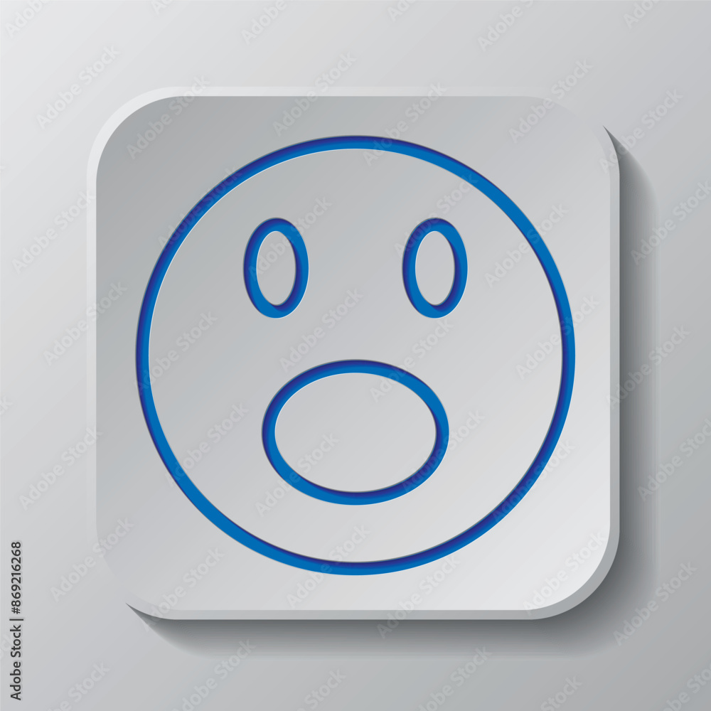 Fototapeta premium Smile vector simple icon. Flat design. Paper cut design. Cutted blue symbol with shadow. Gray badge button, gray background