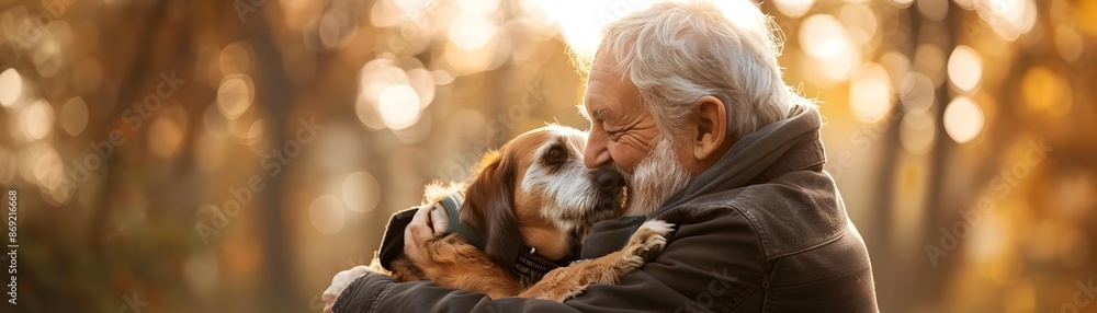 Elderly Man Embracing His Service Dog in an Autumnal Forest Setting Elderly Man Embracing His Service Dog in an Autumnal Forest Setting