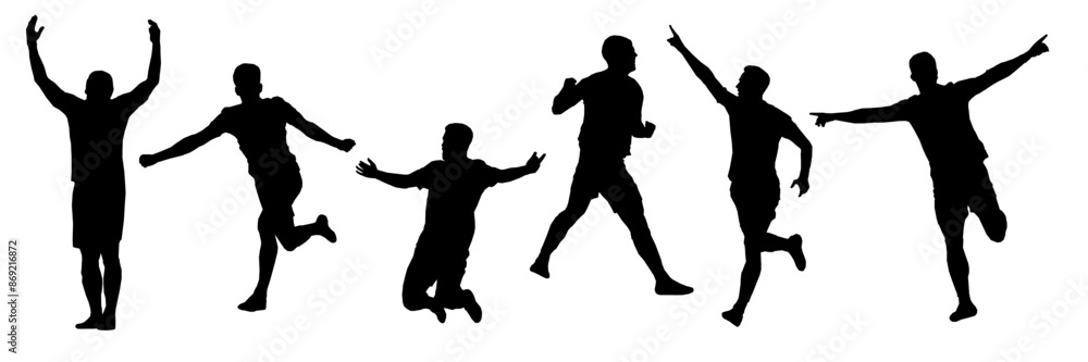 Soccer player do celebration when scorring with style silhouette run, football sport tournament championship element set bundle editable Soccer player do celebration when scorring with style silhouette run, football sport tournament championship element set bundle editable