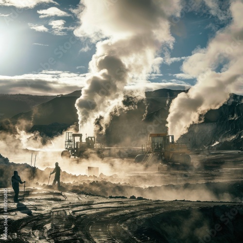 Workers setting up a geothermal plant in a volcanic region. Soft, diffused light. Geothermal landscape background. 