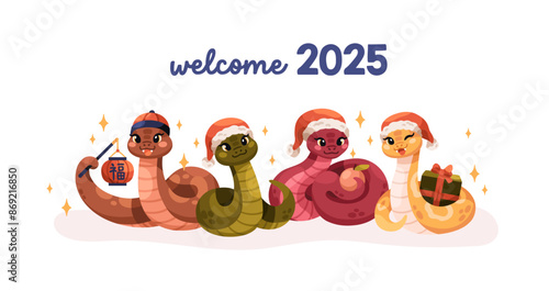 Cute snake mascots, welcoming Chinese New Year 2025. Happy cute kawaii 2k25 C...