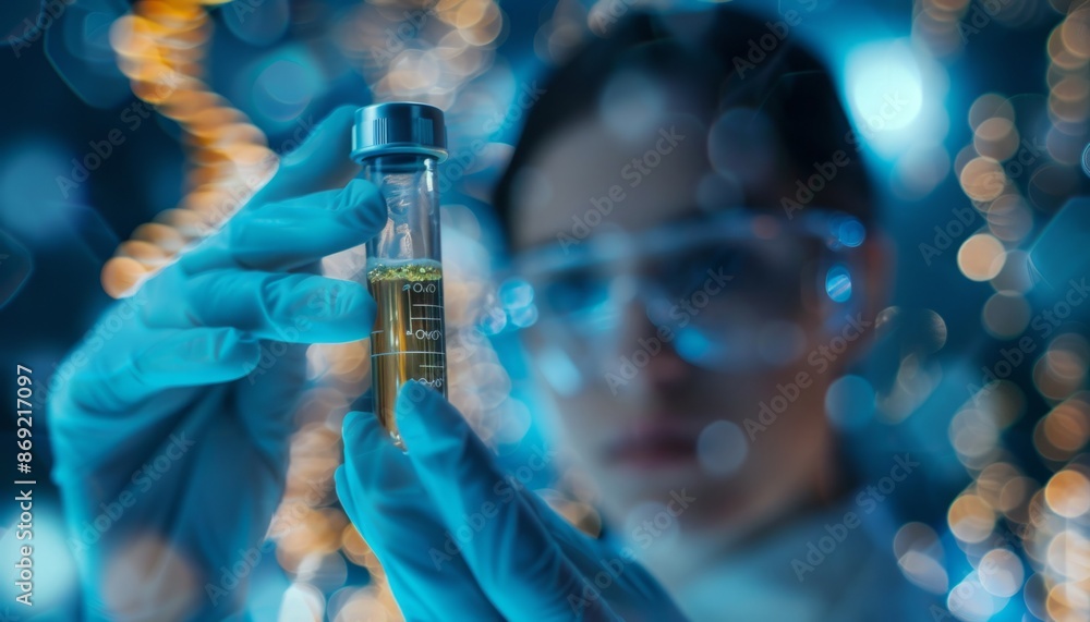 Scientist wearing gloves holding a test tube with yellow liquid doing scientific research in a laboratory Scientist wearing gloves holding a test tube with yellow liquid doing scientific research in a laboratory