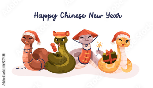Cute snakes, Happy Chinese New Year card design. Funny joyful mascots, CNY ad...