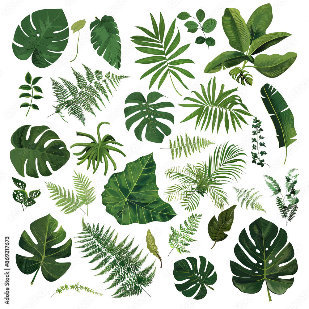 A beautiful collection of tropical leaves in various shapes and sizes, perfect for natural, botanical, and tropical-themed designs. A beautiful collection of tropical leaves in various shapes and sizes, perfect for natural, botanical, and tropical-themed designs.