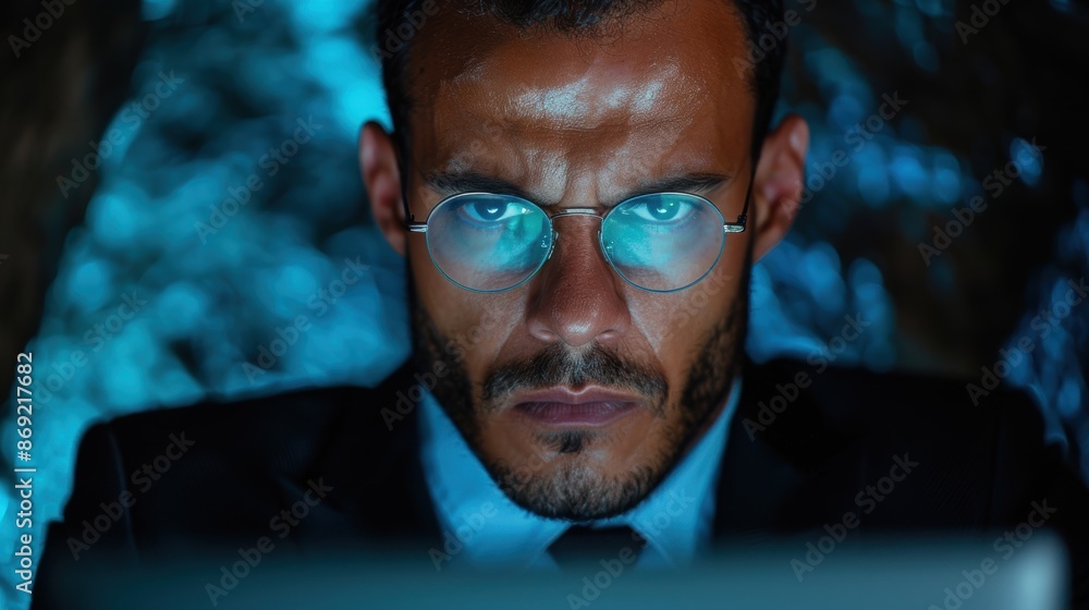 Serious businessman with glasses looking intensely at computer screen Serious businessman with glasses looking intensely at computer screen