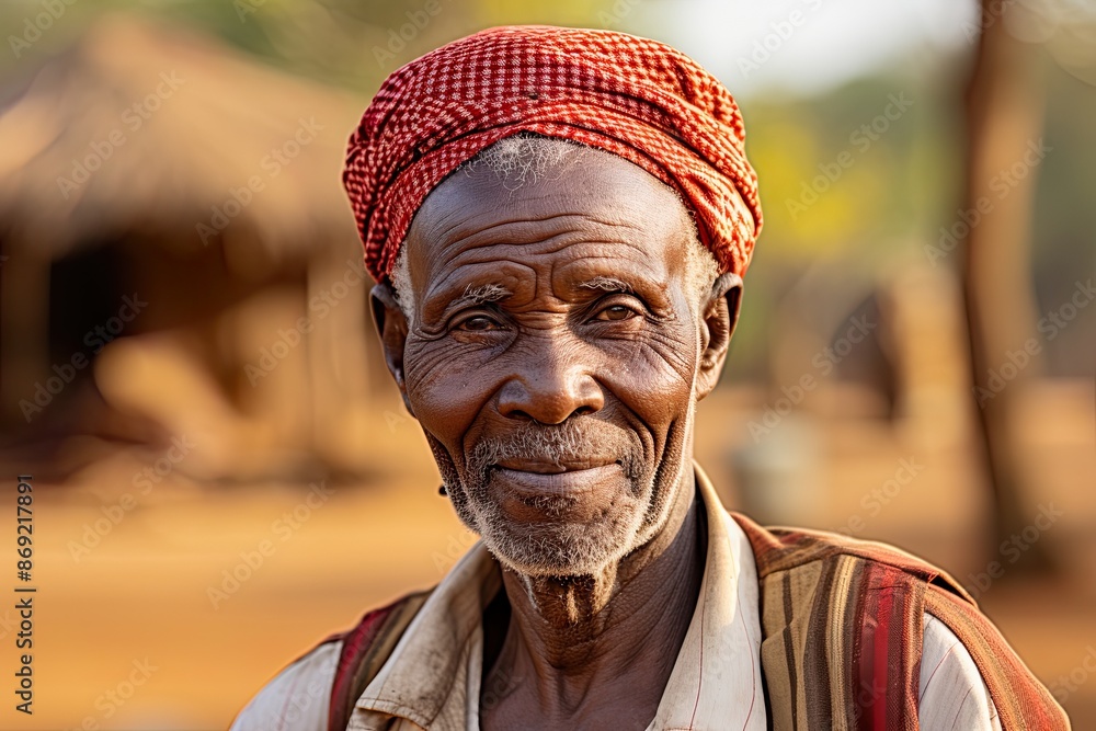 Elderly man with a kind smile, wearing a red patterned headscarf and striped shirt. He stands outdoors with traditional thatched huts and blurred background, exuding warmth and wisdom Elderly man with a kind smile, wearing a red patterned headscarf and striped shirt. He stands outdoors with traditional thatched huts and blurred background, exuding warmth and wisdom