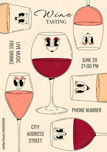 Retro wine festival invitation party. Wine tasting. Groovy characters wine glasses with face. Funky alcohol design for menu, party, event. Vintage vector illustration