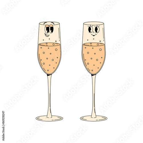 Champagne festival. A couple groovy characters champagne glass with face. Funky alcohol design for invitation, party, holiday. Retro vector illustration