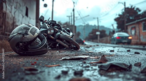 Motorcycle crash scene on a rainy day in the street of a small town. Captures the aftermath of an accident. The scene is dramatic and gritty. Great for storytelling or crime-related visuals. AI