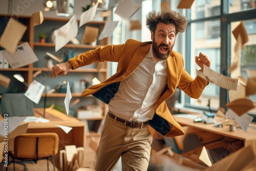 A highly animated man in an orange blazer runs through an office with papers flying around, showing urgency and chaos in a busy workplace. photo