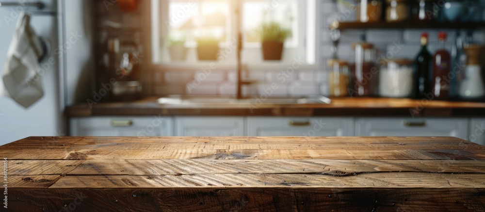 Wooden table top on a blurred kitchen counter background for showcasing products or designing visual layouts. Wooden table top on a blurred kitchen counter background for showcasing products or designing visual layouts.