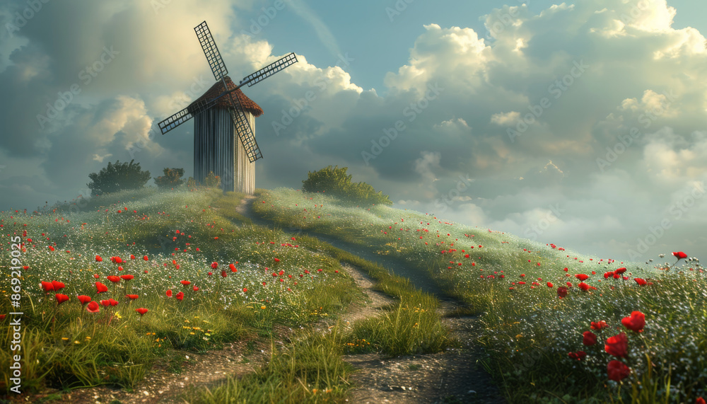 Windmill on a Hilltop Meadow with Poppy Flowers Windmill on a Hilltop Meadow with Poppy Flowers