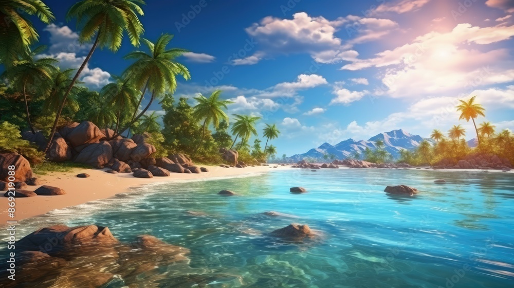 Amazing summer landscape. Beautiful beach with palm trees, white sand and blue ocean. Amazing summer landscape. Beautiful beach with palm trees, white sand and blue ocean.