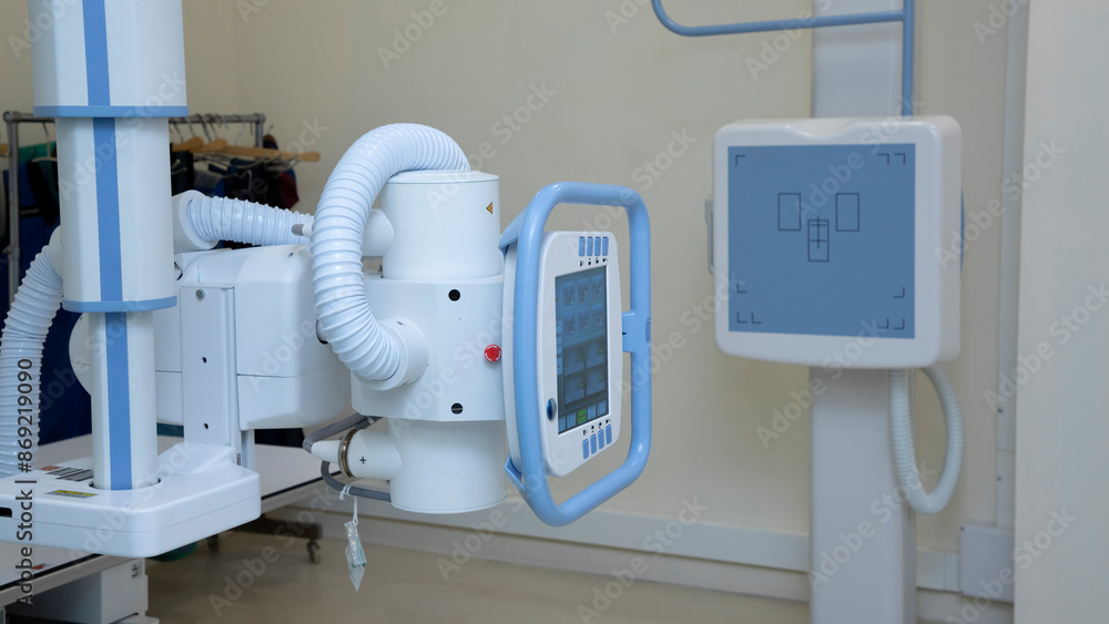 Radiation room for patient analysis and evaluation. X-ray machine in hospital. Diagnostic medical radiation equipment. Medical radiation equipment. Radiation room for patient analysis and evaluation. X-ray machine in hospital. Diagnostic medical radiation equipment. Medical radiation equipment.