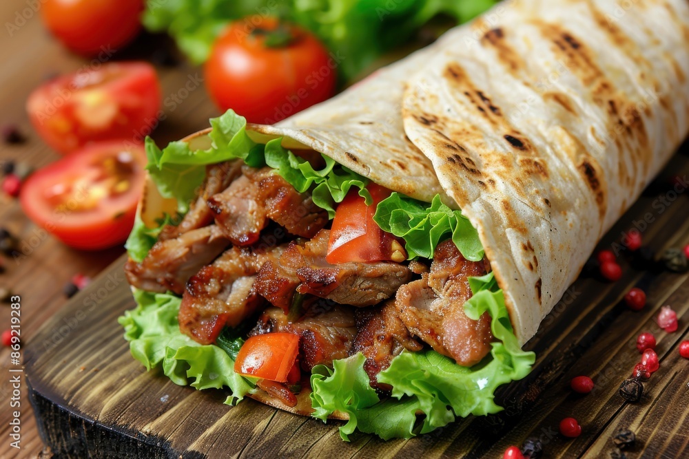 Savory meat wrap with fresh tomatoes and crispy lettuce presented on a rustic wooden table Savory meat wrap with fresh tomatoes and crispy lettuce presented on a rustic wooden table