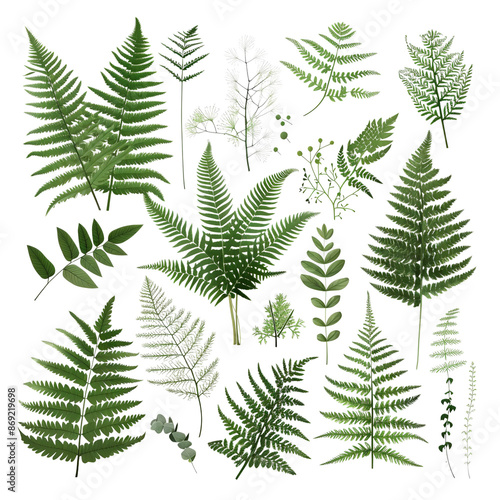 Collection of various green fern leaves, isolated on white background, perfect for botanical and floral designs. photo