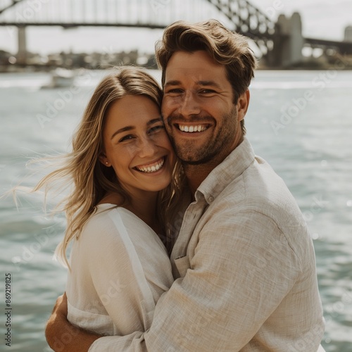 Happy Caucasian couple embracing with a scenic view of Sydney Harbour in the background. Perfect for travel and romance themes. © Raad