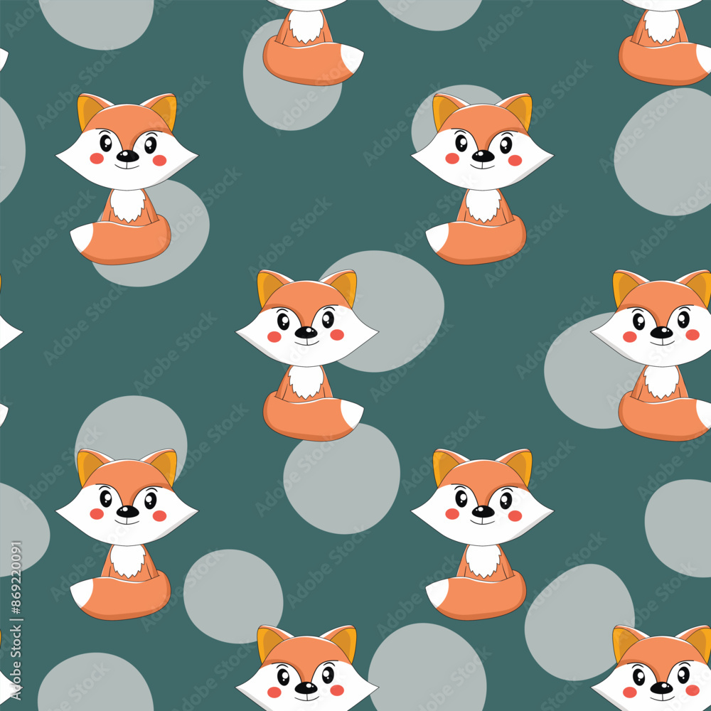 Seamless pattern with cute fox baby on color background. Funny forest animals. Card, postcards for kids. Flat vector illustration for fabric, textile, wallpaper, poster, paper Seamless pattern with cute fox baby on color background. Funny forest animals. Card, postcards for kids. Flat vector illustration for fabric, textile, wallpaper, poster, paper