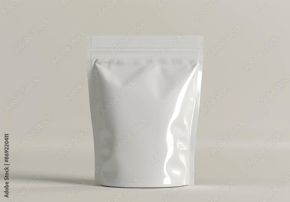 Stand up pouch packaging with zipper made of white blank foil, 3D illustration mockup template on white background. Stand up pouch packaging with zipper made of white blank foil, 3D illustration mockup template on white background.
