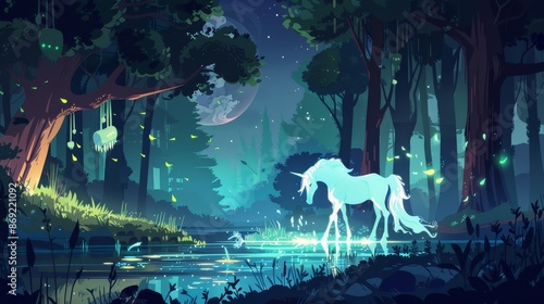An illustration of a mystical horse ghost in the dark forest at night. This poster features an illustration with a cartoon fantasy illustration of a mystical horse spirit in a garden with trees and a