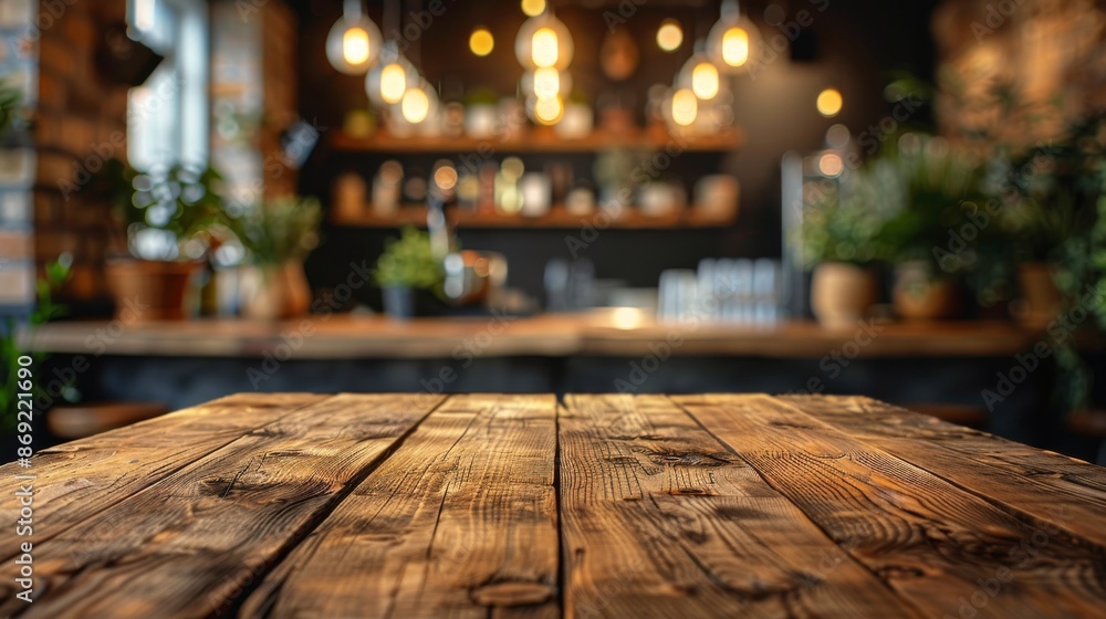 Empty wooden table space platform on blurry defocused restaurant interior Empty wooden table space platform on blurry defocused restaurant interior